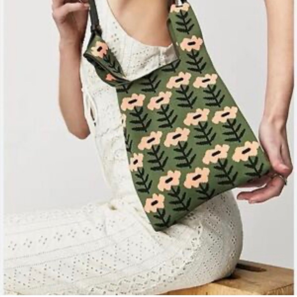 Free People Olive Green Floral Print Shoulder Bag with Peach Flowers